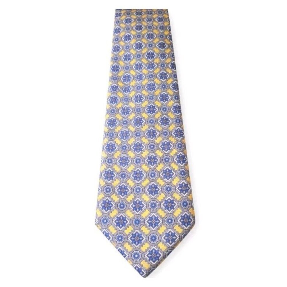 Jos A Bank 100% Silk Tie - Blue Yellow Medallion - Made In Italy - OS